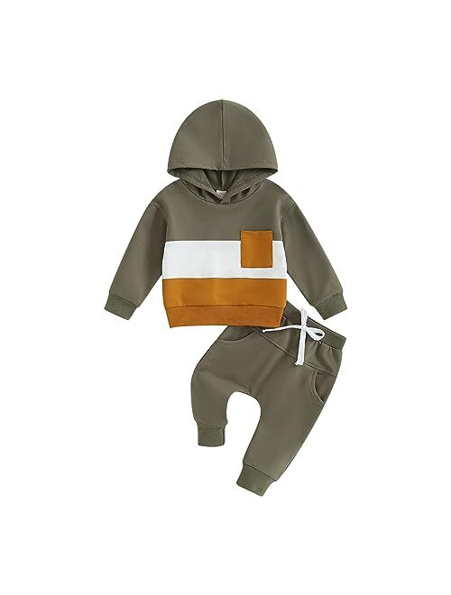 Allshope Toddler Baby Boy Clothes Set Long Sleeve Checkerboard Patchwork Hooded Tops Pants Cute Infant Newborn Fall Outfit