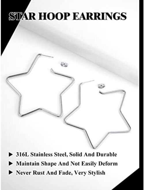 Richsteel Fashion Star Hoop Earrings for Women Stainless Steel/18K Gold/Black Plated Big Earring Hoops Fit Sensitive Ears(with Gift Box)