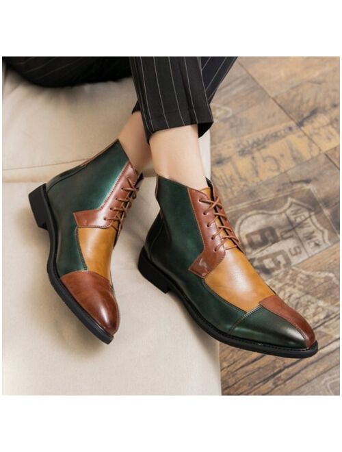 Shein Men's Shoes British Style Pointed Toe Slip-on Chelsea Boots, Colorblock, Pu Leather, High-top, Breathable Anti-slip Casual And Business Shoes