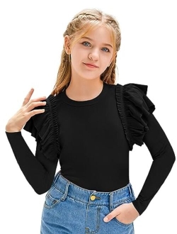 rrhss Girls Ruffle Long Sleeve Shirts Kids Cute Fitted Crew Neck Ribbed Knit Tops Clothes