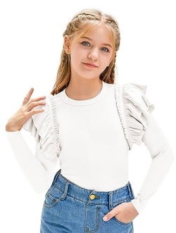 rrhss Girls Ruffle Long Sleeve Shirts Kids Cute Fitted Crew Neck Ribbed Knit Tops Clothes