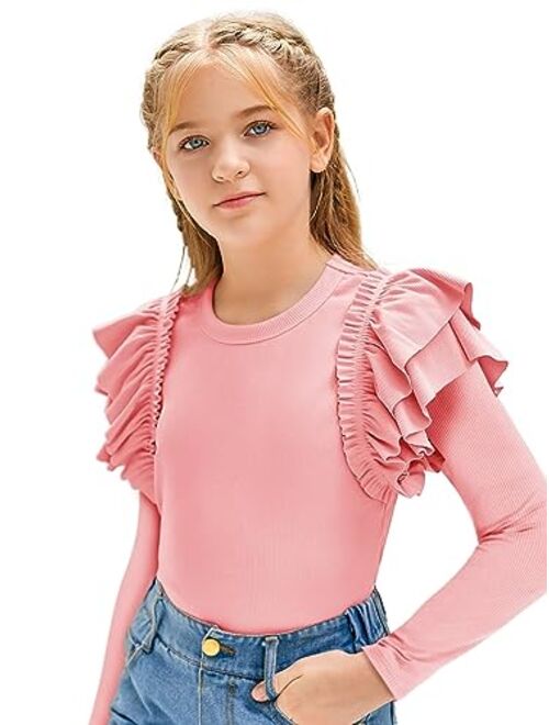rrhss Girls Ruffle Long Sleeve Shirts Kids Cute Fitted Crew Neck Ribbed Knit Tops Clothes