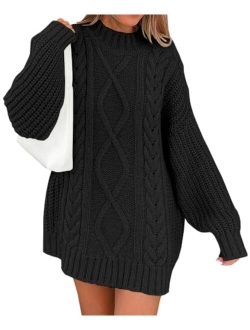 LILLUSORY Women's Crewneck Oversized Sweater Dress 2023 Fall Cable Knit Long Sleeve Chunky Casual Dresses Pullover Tops