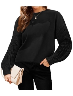 Hrutane Womens Sweaters 2023 Fall Long Sleeve Cable Knit Crewneck Solid Color Oversized Casual Chunky Pullover Tops
