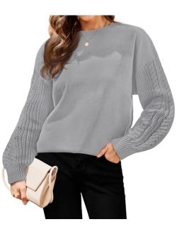 Hrutane Womens Sweaters 2023 Fall Long Sleeve Cable Knit Crewneck Solid Color Oversized Casual Chunky Pullover Tops