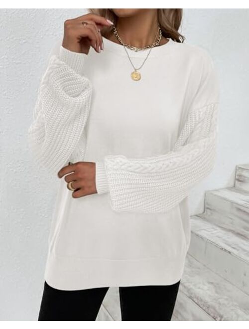 Free People Hrutane Womens Sweaters 2023 Fall Long Sleeve Cable Knit Crewneck Solid Color Oversized Casual Chunky Pullover Tops