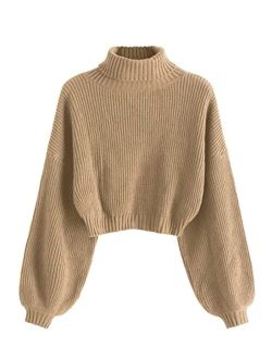 Women's Crew Neck Long Sleeve Pullover Crop Sweater Mock Neck Lantern Sleeve Ribbed Knit Jumper Sweater