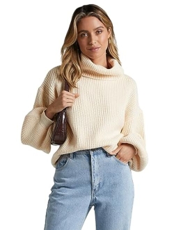 Women's Crew Neck Long Sleeve Pullover Crop Sweater Mock Neck Lantern Sleeve Ribbed Knit Jumper Sweater
