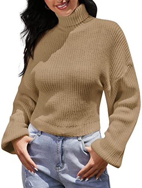 ZAFUL Women's Crew Neck Long Sleeve Pullover Crop Sweater Mock Neck Lantern Sleeve Ribbed Knit Jumper Sweater