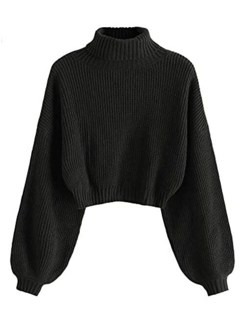 ZAFUL Women's Crew Neck Long Sleeve Pullover Crop Sweater Mock Neck Lantern Sleeve Ribbed Knit Jumper Sweater