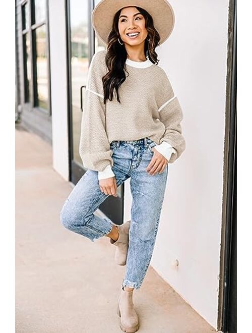 Disamer Fall Sweaters for Women 2023 Long Sleeve Striped Oversized Sweaters Trendy Casual Crew Neck Knitted Tops Pullover Jumper