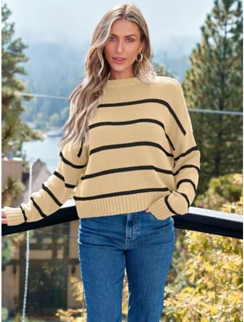 LILLUSORY Womens Striped Sweater Pullover Crewneck Knit Long Sleeve Cable Knitted Sweaters