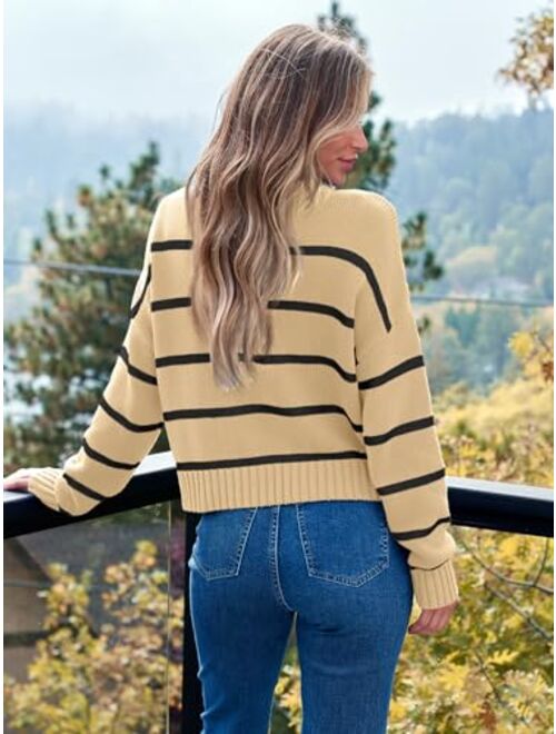 LILLUSORY Womens Striped Sweater Pullover Crewneck Knit Long Sleeve Cable Knitted Sweaters