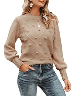 Miessial Women's Fall Crew Neck Pullover Sweater Cute Long Puff Sleeve Chunky Knit Sweater Pompom Jumper Top