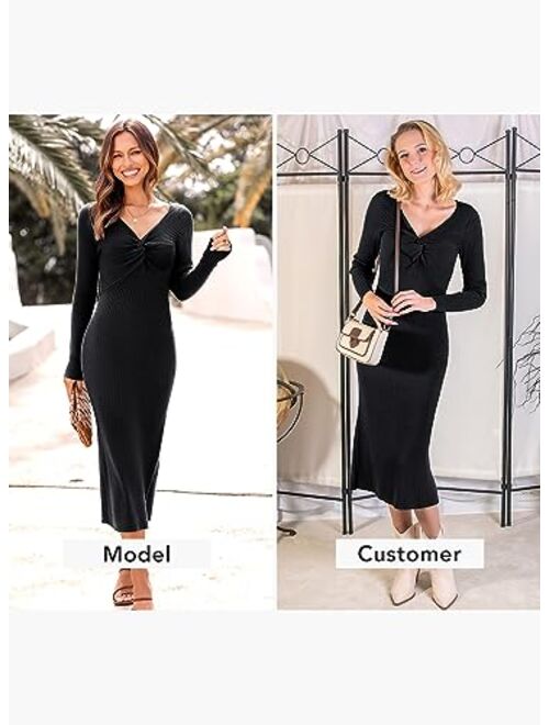 MIHOLL Womens 2023 Sweater Dress Long Sleeve V Neck Twist Front Slim Fit Ribbed Knit Bodycon Midi Dress