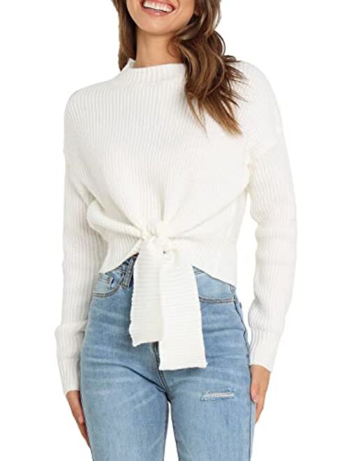 Okiwam Women's Long Sleeve Cropped Knit Sweater Tie Front Crew Neck Solid Color Ribbed Pullover 2023 Casual Tops Jumper