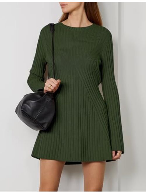 Ugerlov Women's 2023 Trendy Fall Long Sleeve Sweater Dress Round Neck Pullover Sweater Ribbed Knit Mini Dress