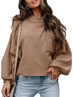 AlvaQ Women's 2023 Lantern Long Sleeve Crewneck Sweater Casual Solid Color Ribbed Hem Knitwear Pullover Cropped Tops