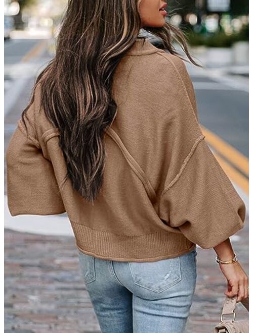AlvaQ Women's 2023 Lantern Long Sleeve Crewneck Sweater Casual Solid Color Ribbed Hem Knitwear Pullover Cropped Tops
