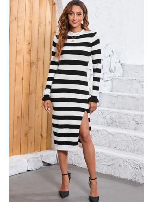BLENCOT Women Sweater Dress Long Sleeve Striped Mock Neck Bodycon Trendy Slit Ribbed Fall Maxi Dresses