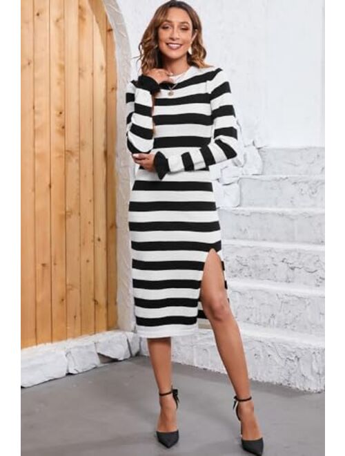 BLENCOT Women Sweater Dress Long Sleeve Striped Mock Neck Bodycon Trendy Slit Ribbed Fall Maxi Dresses