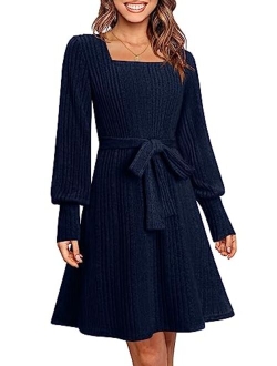 Zwurew Women's 2023 Fall Long Sleeve Sweater Dress Wrap Square Neck Knit Babydoll Mini Short Dresses with Belt