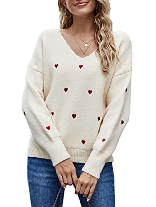 ECOWISH Women Valentine Heart Sweater V Neck Embroidery Knit Loose Casual Long Sleeve Ribbed Pullover Sweaters