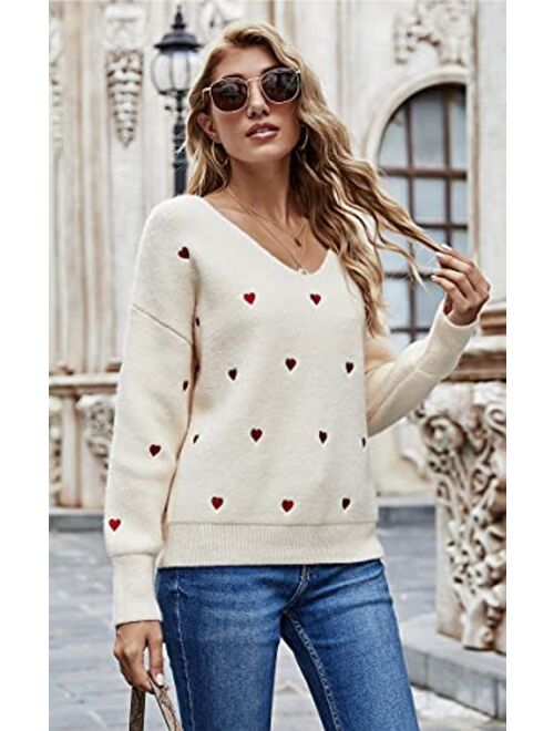 ECOWISH Women Valentine Heart Sweater V Neck Embroidery Knit Loose Casual Long Sleeve Ribbed Pullover Sweaters