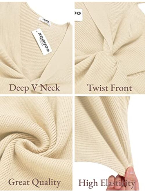 Zeagoo Twist Front Bodycon Sweater Dress Long Sleeve Deep V Neck Knitted Dress Stretchable Mini Dress