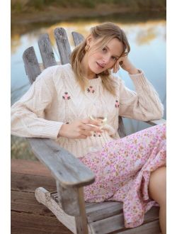 Cuddly Darling Beige Floral Cable Knit Pullover Sweater