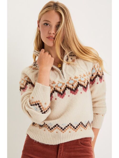 Lulus Warm Bliss Beige Multi Knit Half-Zip Sweater