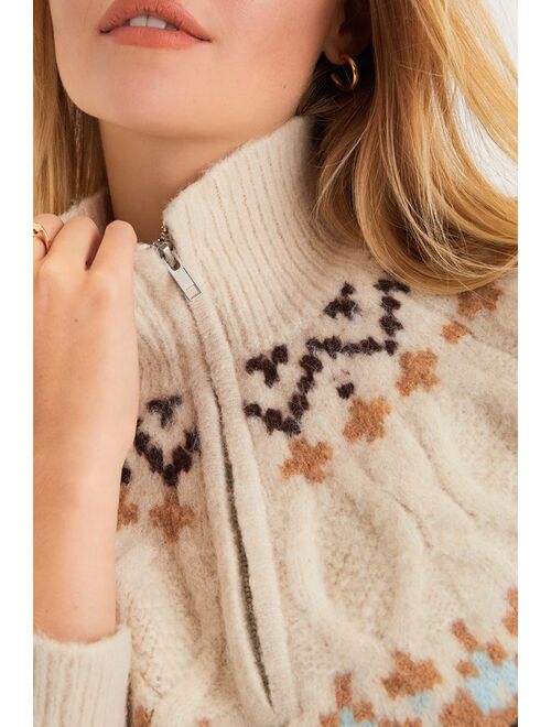 Lulus Warm Bliss Beige Multi Knit Half-Zip Sweater