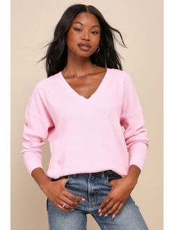 Easygoing Style Pink Waffle Knit Pullover Sweater Top