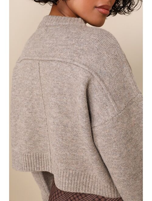 Lulus Easy Coziness Heather Taupe Cropped Long Sleeve Pullover Sweater