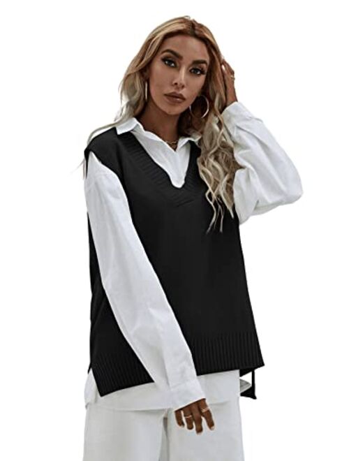 SweatyRocks Women's Sleeveless V Neck Ribbed Knit Split Pullover Sweater Vest