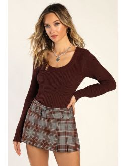 Seasonal Perfection Brown Cropped Scoop Neck Sweater