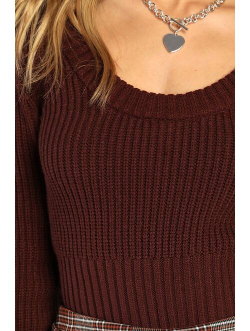 Lulus Seasonal Perfection Brown Cropped Scoop Neck Sweater