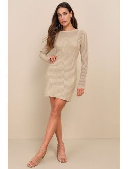 Impressive Charisma Beige Crochet Long Sleeve Mini Sweater Dress