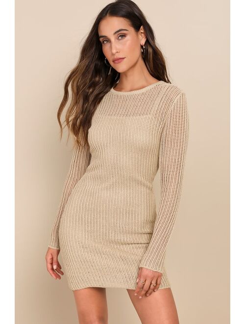 Lulus Impressive Charisma Beige Crochet Long Sleeve Mini Sweater Dress
