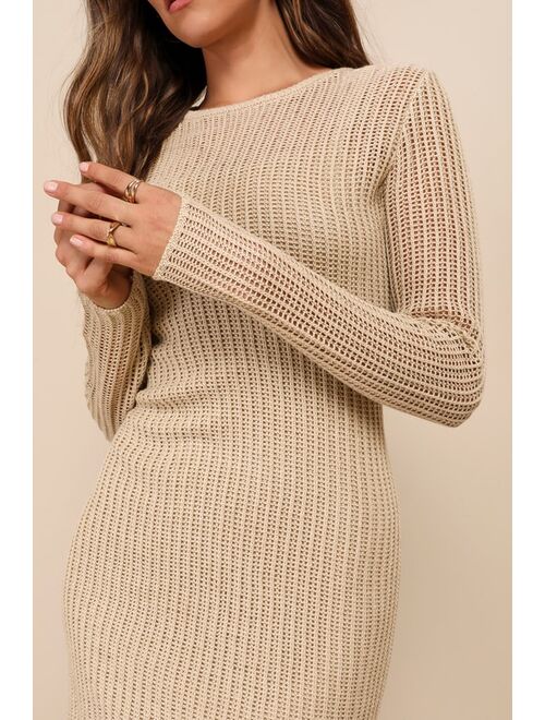 Lulus Impressive Charisma Beige Crochet Long Sleeve Mini Sweater Dress