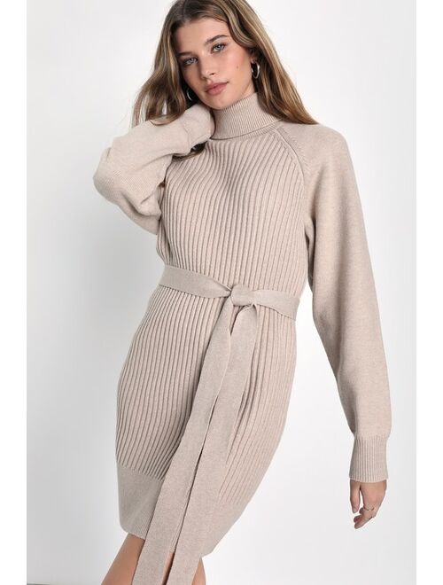 Lulus Cozy Circumstance Beige Ribbed Knit Turtleneck Mini Dress