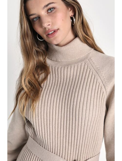 Lulus Cozy Circumstance Beige Ribbed Knit Turtleneck Mini Dress