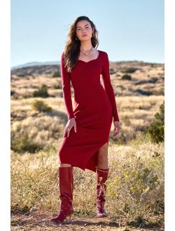 Seasonal Darling Red Ribbed Knit Bodycon Midi Dress