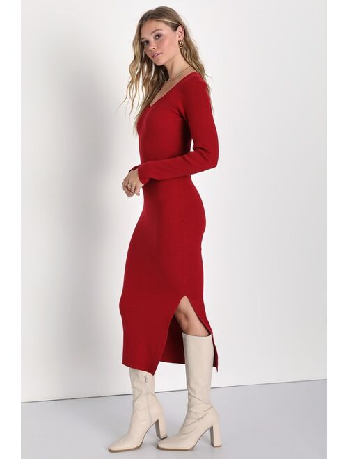 Lulus Seasonal Darling Red Ribbed Knit Bodycon Midi Dress