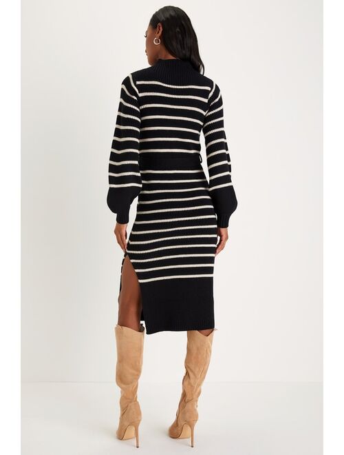 Lulus Stripe Things Up Black Striped Mock Neck Bodycon Sweater Dress