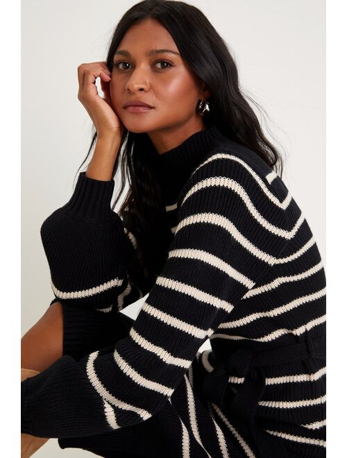 Lulus Stripe Things Up Black Striped Mock Neck Bodycon Sweater Dress