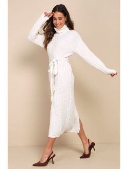 Bundled Darling White Marled Turtleneck Midi Sweater Dress