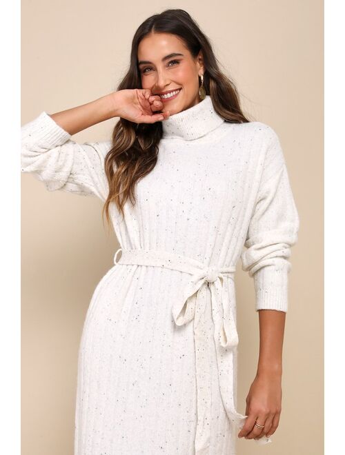 Lulus Bundled Darling White Marled Turtleneck Midi Sweater Dress