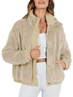 Women Sherpa Fleece Jackets Casual Long Sleeve Buttons Cropped Coat Winter Outwear