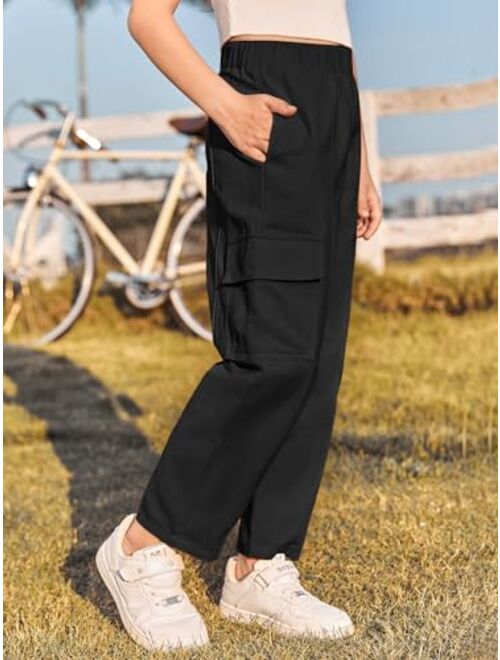 Haloumoning Girls Cargo Pants Kids Fashion Elastic Waist Jogger Trousers with Pockets 5-14 Years